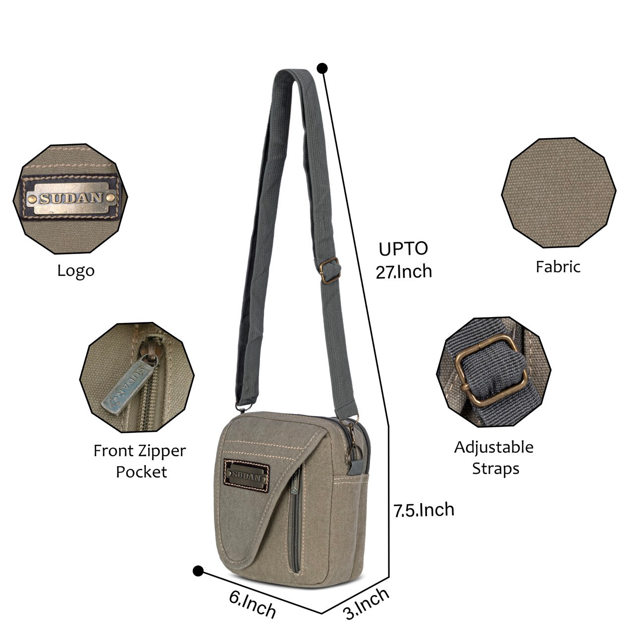 Sudan Premium Canvas Mini Sling Bag for Men | Compact Crossbody Side Pouch | Mobile Wallet Passport Travel Organizer | Adjustable Shoulder Bag | Grey