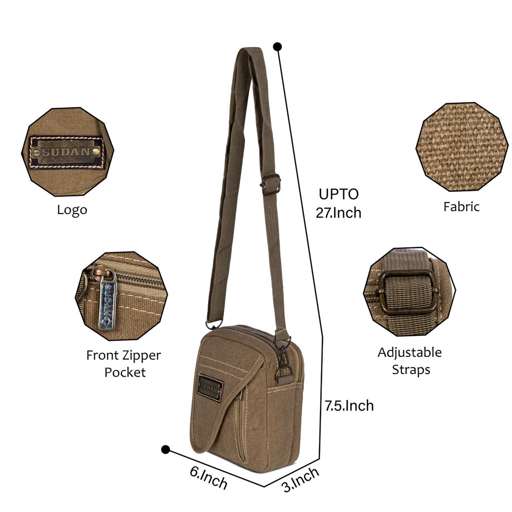 Sudan Premium Canvas Mini Sling Bag for Men | Compact Crossbody Pouch | Travel Side Bag with Adjustable Strap | Mobile Wallet Passport Organizer | Khaki