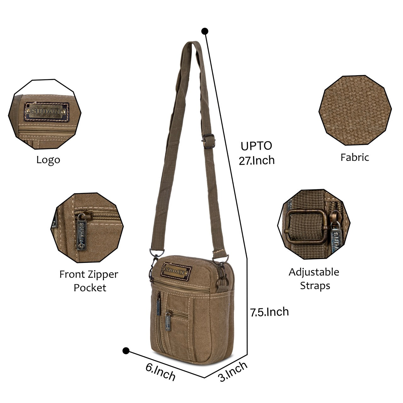 Sudan Premium Canvas Mini Sling Bag for Men | Multi Pocket Crossbody Side Bag | Travel Organizer Pouch | Mobile Wallet Passport Shoulder Bag | Khaki Brown