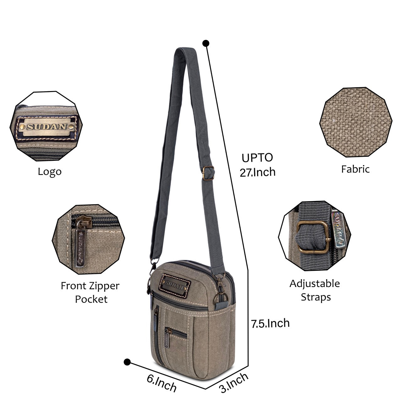 udan Premium Canvas Mini Sling Bag for Men | Multi Pocket Crossbody Side Bag | Travel Pouch Organizer | Mobile Wallet Passport Shoulder Bag | Grey