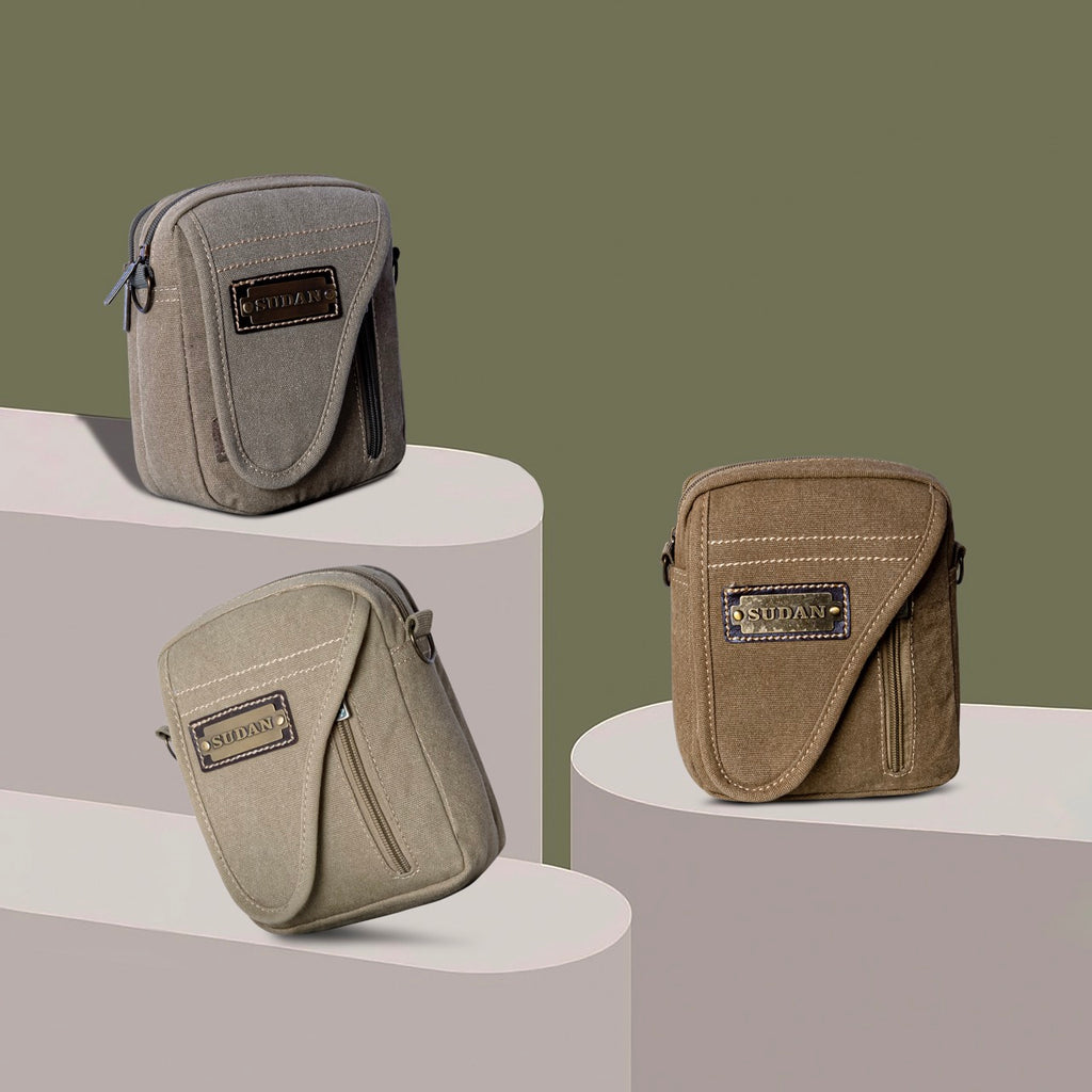 Sudan Premium Canvas Mini Sling Bag for Men | Compact Crossbody Pouch | Travel Side Bag with Adjustable Strap | Mobile Wallet Passport Organizer | Khaki