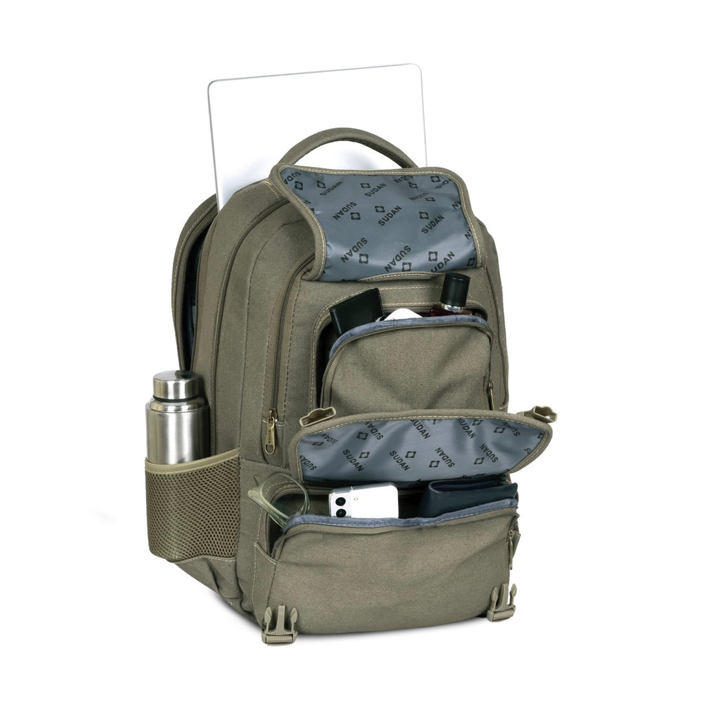Sudan Vintage Canvas Laptop Backpack for Men & Women | Stylish Multi-Compartment College, Office & Travel Backpack | Spacious Daily Use Bag with Bottle Pockets | Olive Green
