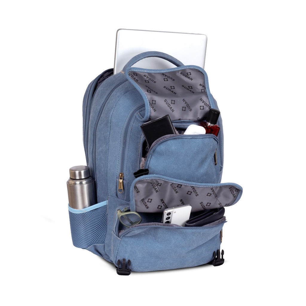 Sudan Premium Canvas Laptop Backpack for Men & Women | Spacious Multi-Compartment College, Office & Travel Bag | Laptop Backpack with Organizer Pockets & Bottle Holder | Blue