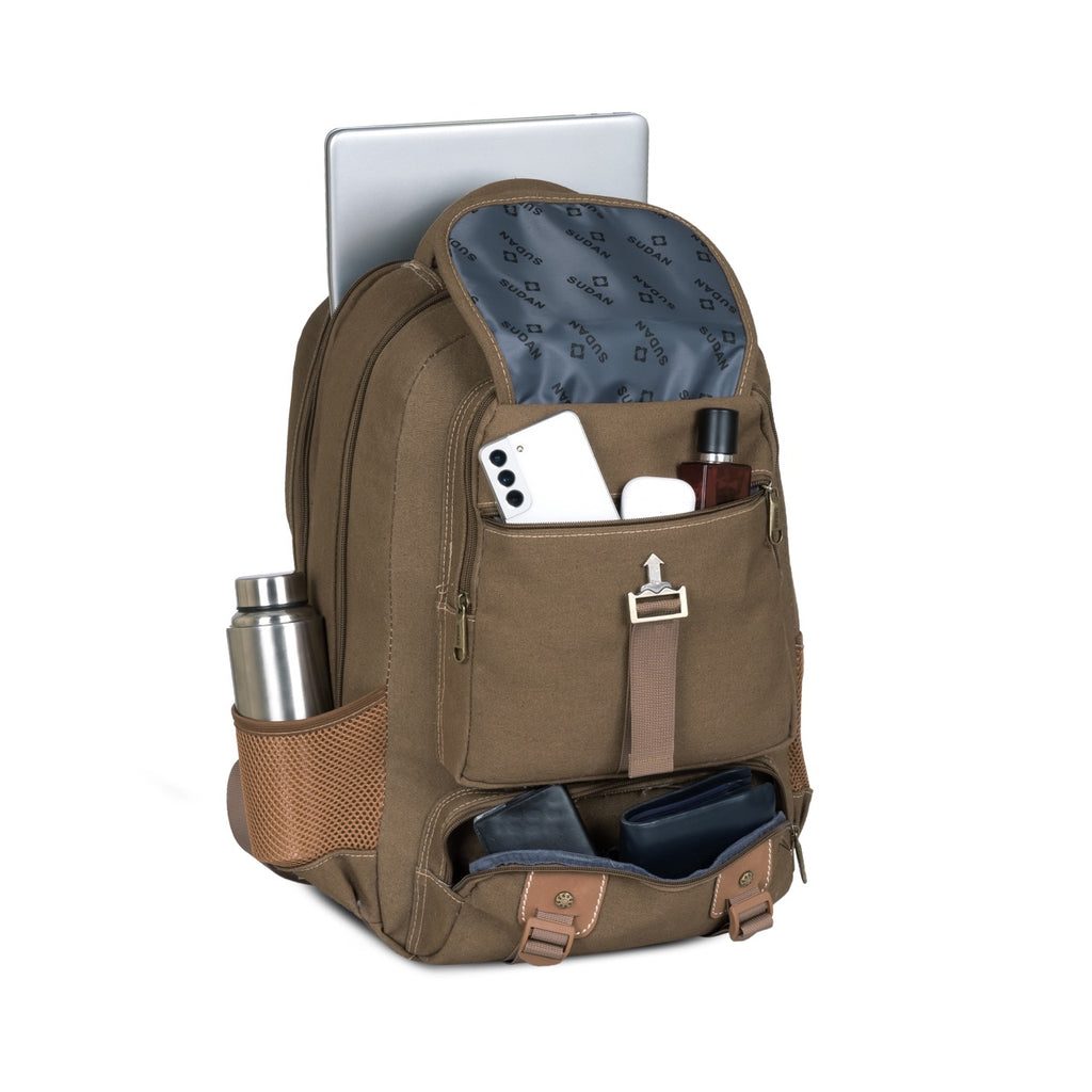 Sudan Vintage Canvas Laptop Backpack for Men & Women | Water Resistant Travel Backpack with USB Charging Port | College, Office, School & Travel Bag | Multi-Compartment Laptop Backpack | Khaki Brown
