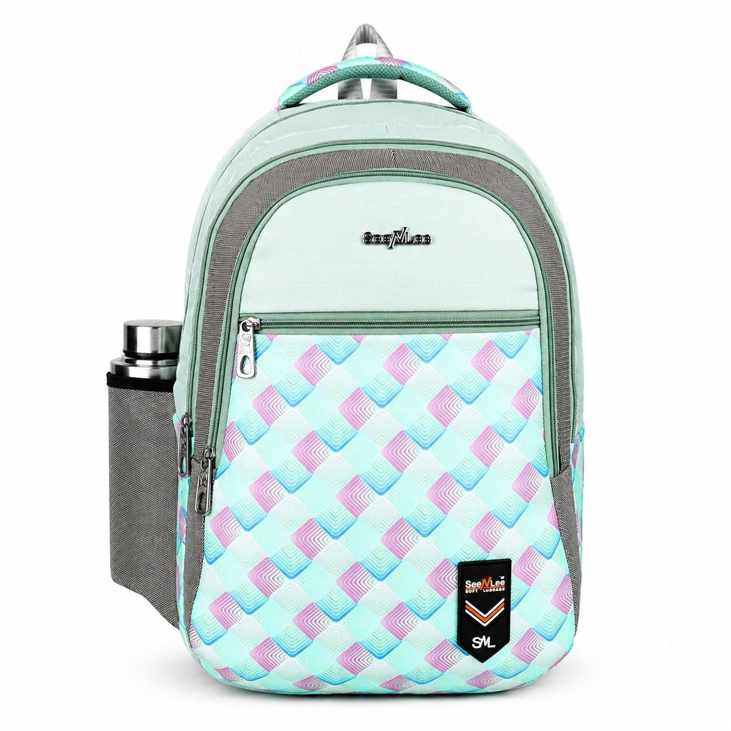 SeeNLee Unisex Printed Laptop Backpack with Multiple Compartments, Bottle Pocket & Padded Shoulder Straps | Stylish College, School, Office & Travel Backpack – Mint Green & Grey
