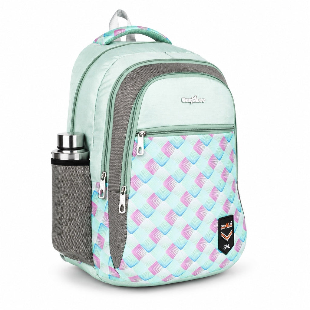 SeeNLee Unisex Printed Laptop Backpack with Multiple Compartments, Bottle Pocket & Padded Shoulder Straps | Stylish College, School, Office & Travel Backpack – Mint Green & Grey