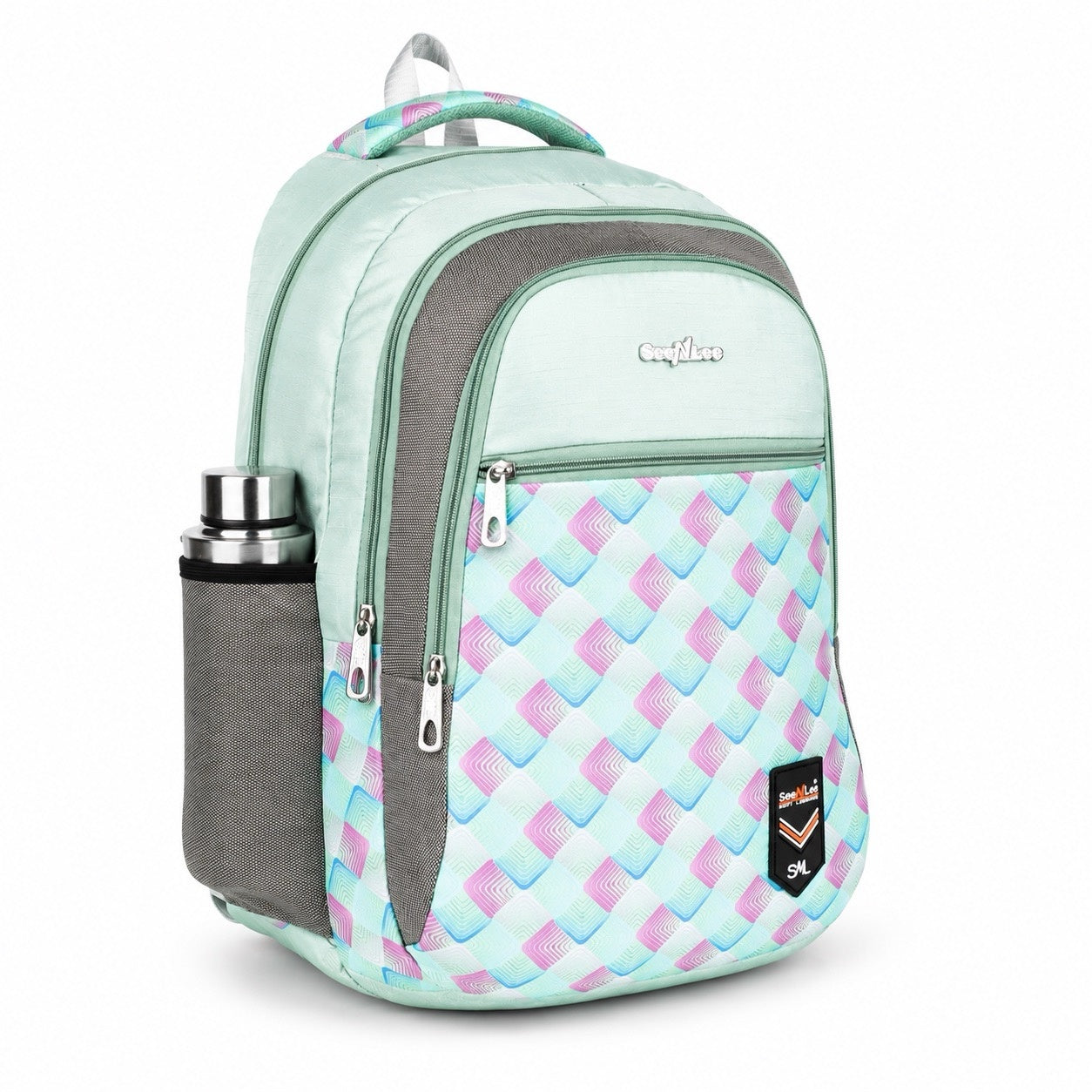 SeeNLee Unisex Printed Laptop Backpack with Multiple Compartments, Bottle Pocket & Padded Shoulder Straps | Stylish College, School, Office & Travel Backpack – Mint Green & Grey
