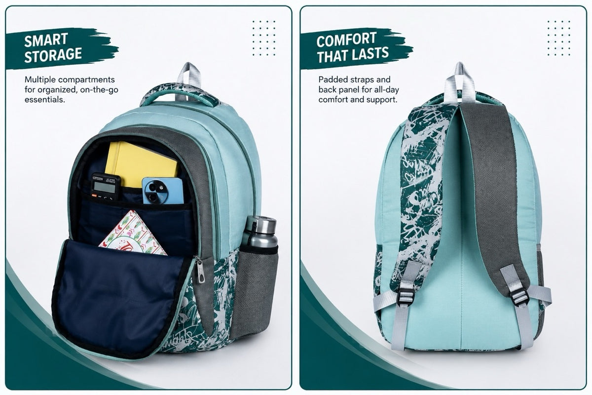 SeeNLee Unisex Printed Laptop Backpack with Multiple Compartments, Bottle Pocket & Padded Shoulder Straps | Stylish School, College, Office & Travel Bag – Aqua Blue & Dark Green