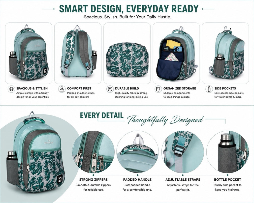 SeeNLee Unisex Printed Laptop Backpack with Multiple Compartments, Bottle Pocket & Padded Shoulder Straps | Stylish School, College, Office & Travel Bag – Aqua Blue & Dark Green