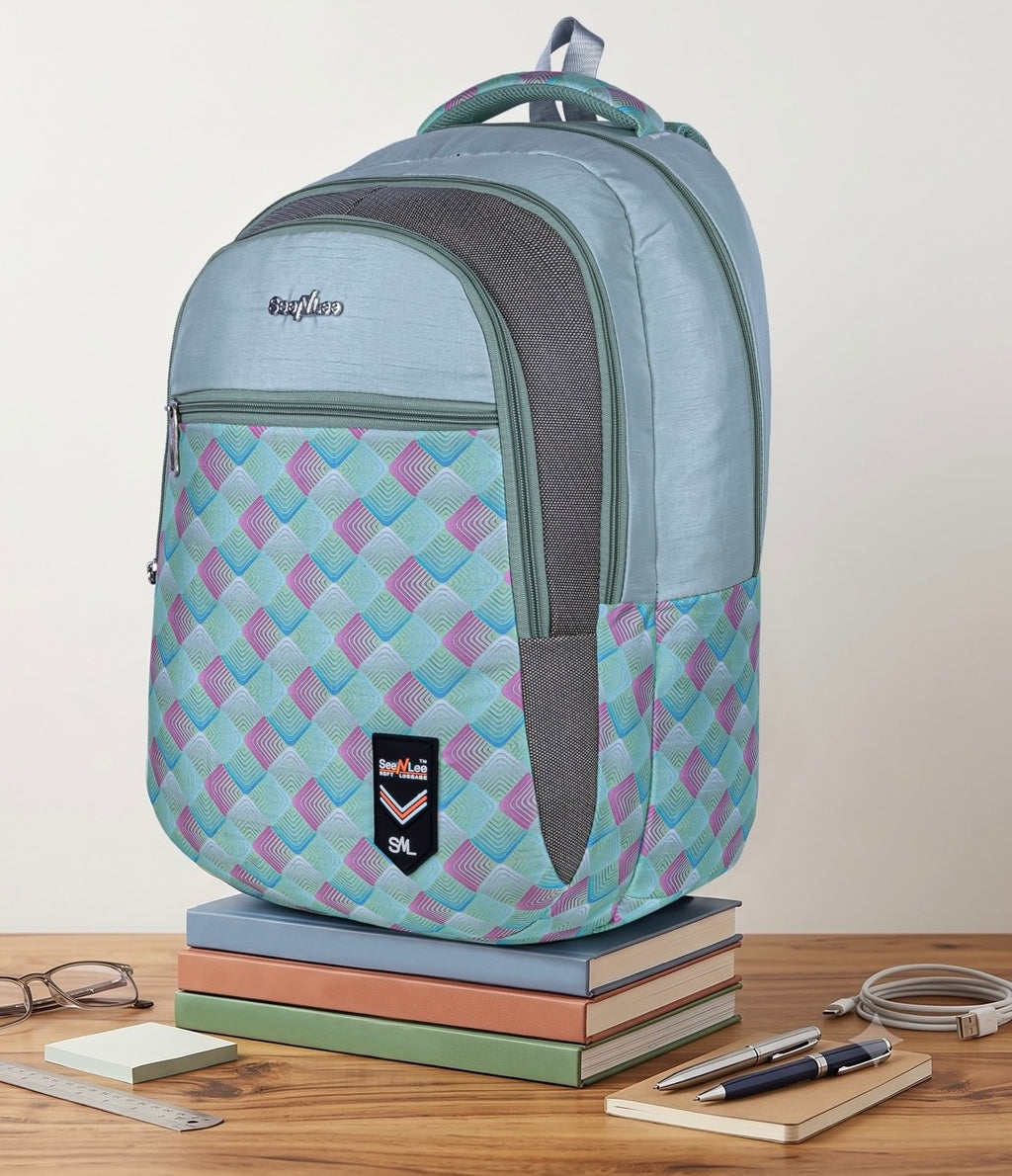 SeeNLee Unisex Printed Laptop Backpack with Multiple Compartments, Bottle Pocket & Padded Shoulder Straps | Stylish College, School, Office & Travel Backpack – Mint Green & Grey