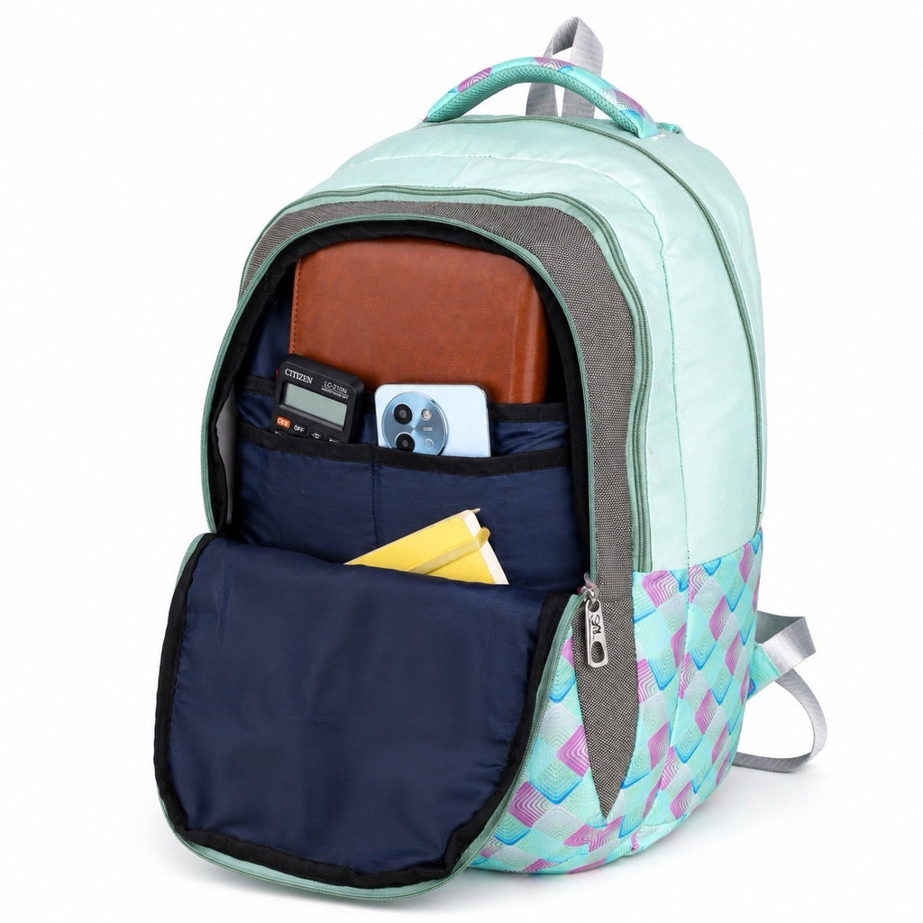 SeeNLee Unisex Printed Laptop Backpack with Multiple Compartments, Bottle Pocket & Padded Shoulder Straps | Stylish College, School, Office & Travel Backpack – Mint Green & Grey