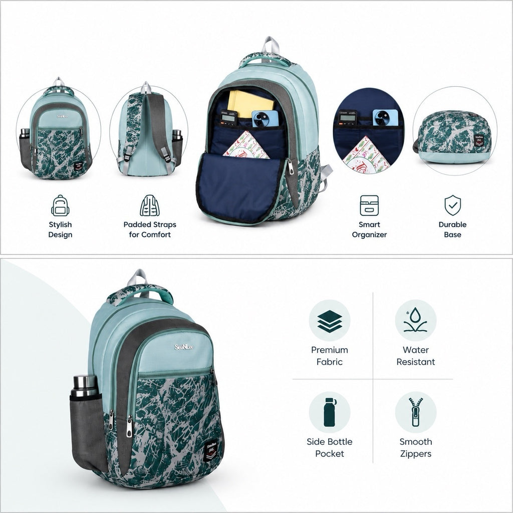SeeNLee Unisex Printed Laptop Backpack with Multiple Compartments, Bottle Pocket & Padded Shoulder Straps | Stylish School, College, Office & Travel Bag – Aqua Blue & Dark Green