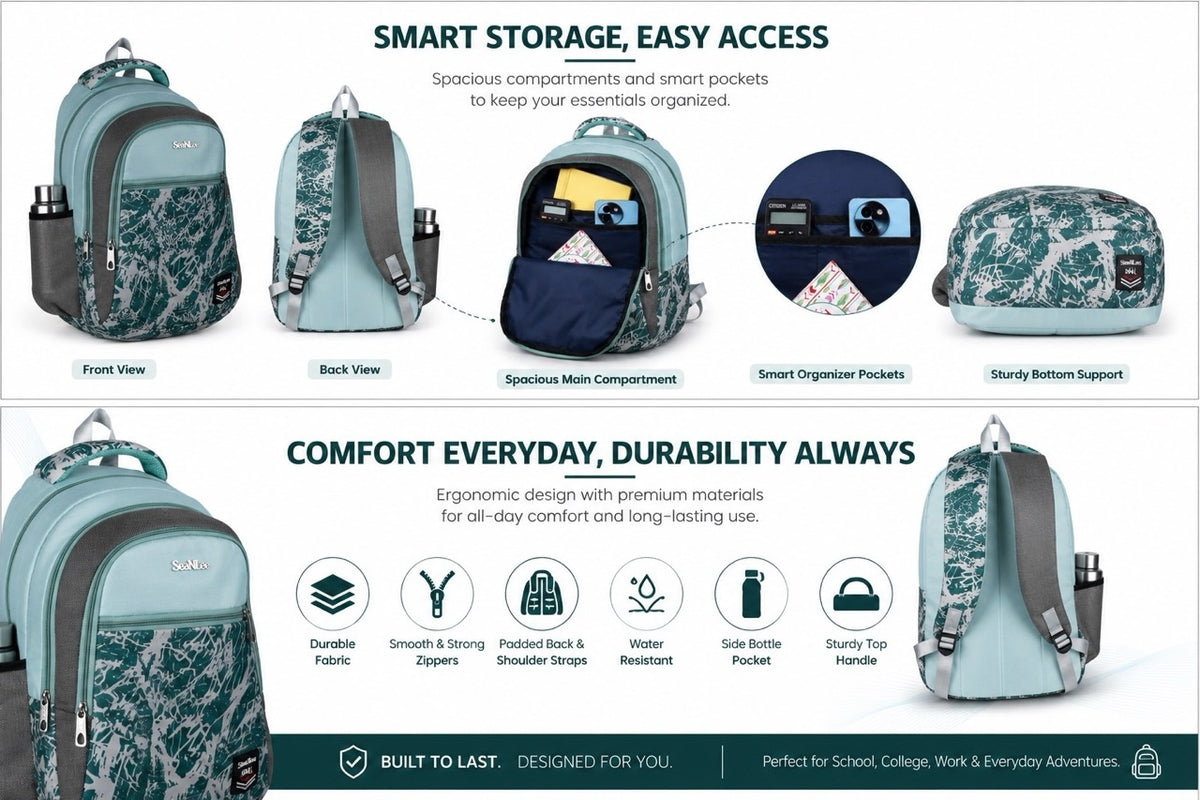 SeeNLee Unisex Printed Laptop Backpack with Multiple Compartments, Bottle Pocket & Padded Shoulder Straps | Stylish School, College, Office & Travel Bag – Aqua Blue & Dark Green