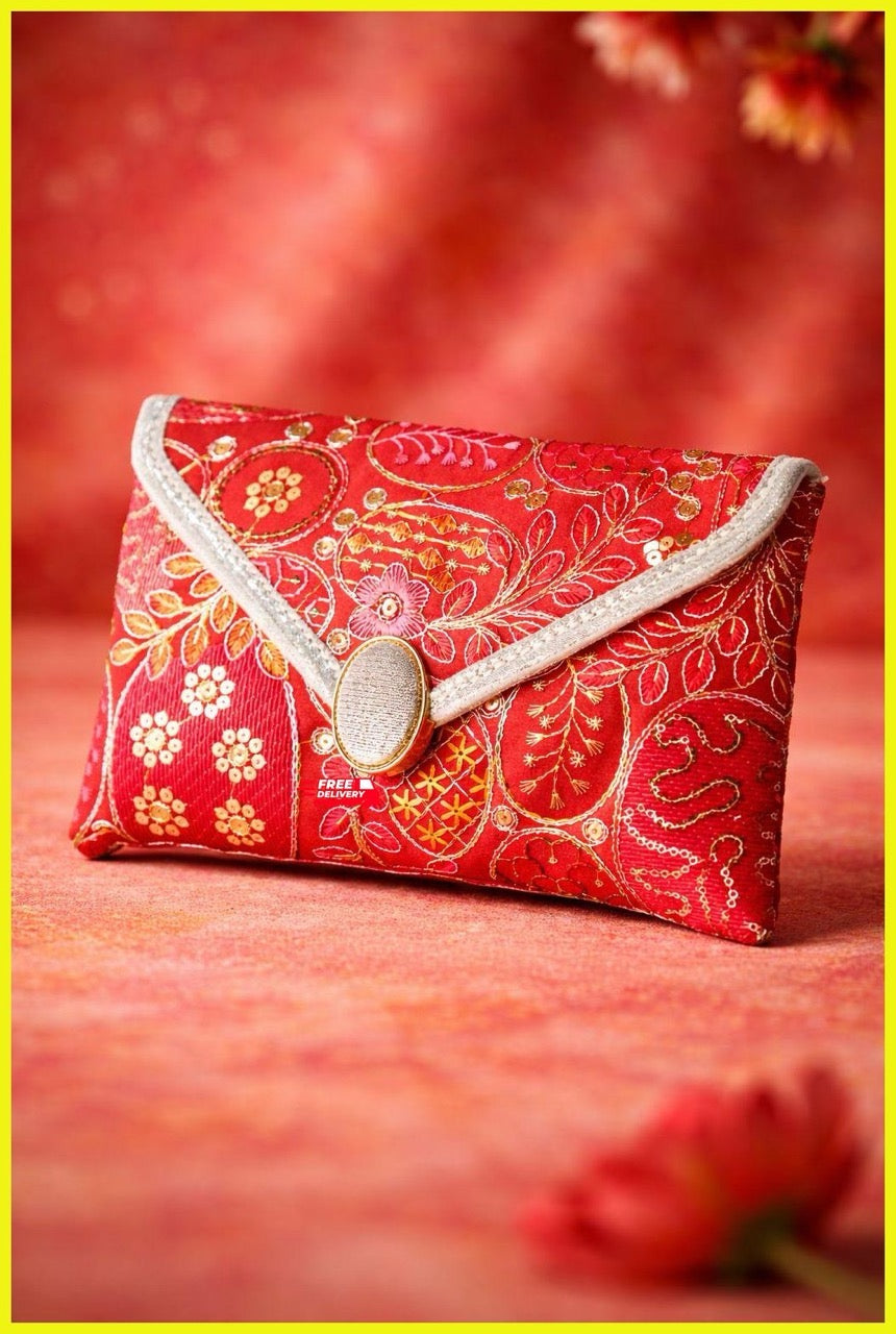 KarryQ Women Red Embroidered Hand Purse | Ethnic Floral Designer Envelope Clutch Bag with Decorative Lock | Wedding, Bridal, Party, Festive & Traditional Occasion Purse for Women & Girls